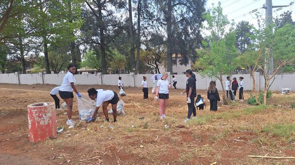 A group of people are cleaning a field in a park.