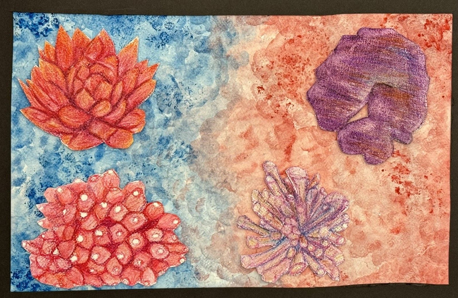 A painting of flowers on a blue and red background