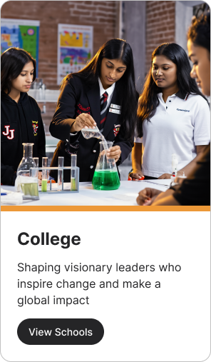 Students in a science lab; one pouring liquid into a beaker with others observing.