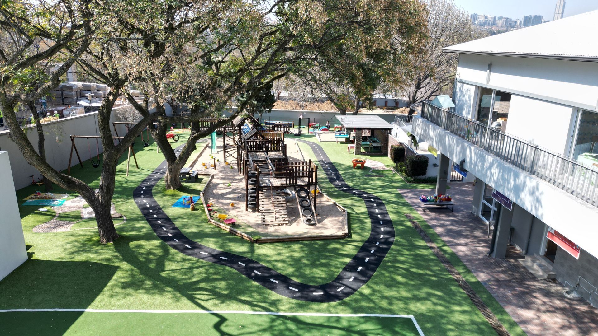 a playground with tables and benches
