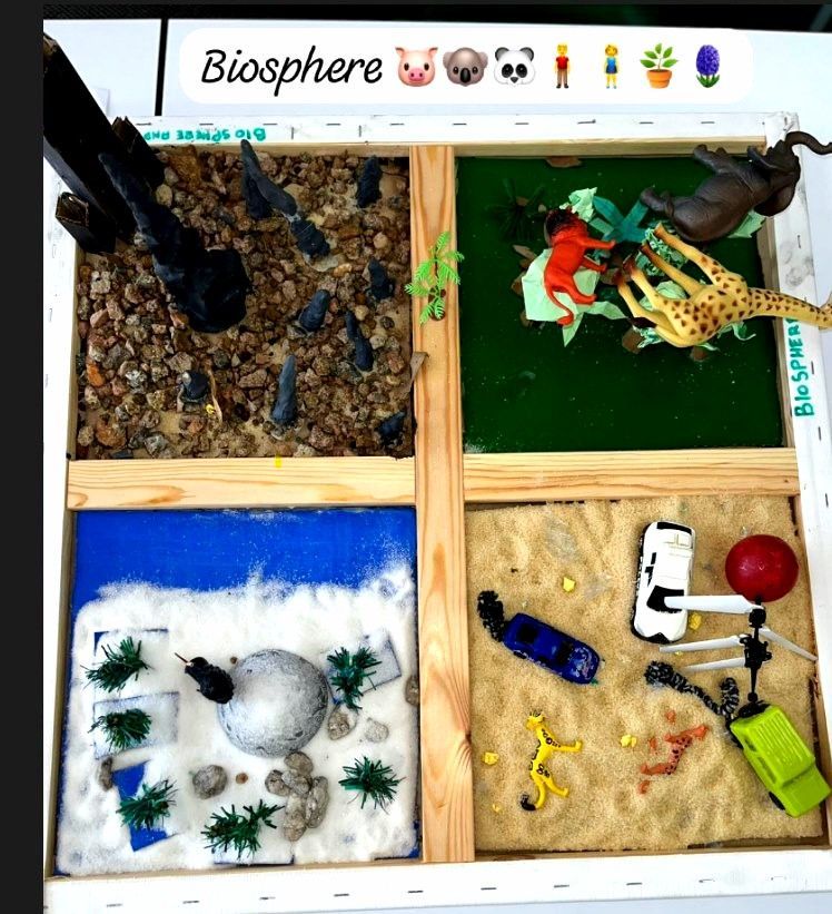 A Biosphere model in a wooden frame, divided into four sections: water, land, air, and space.