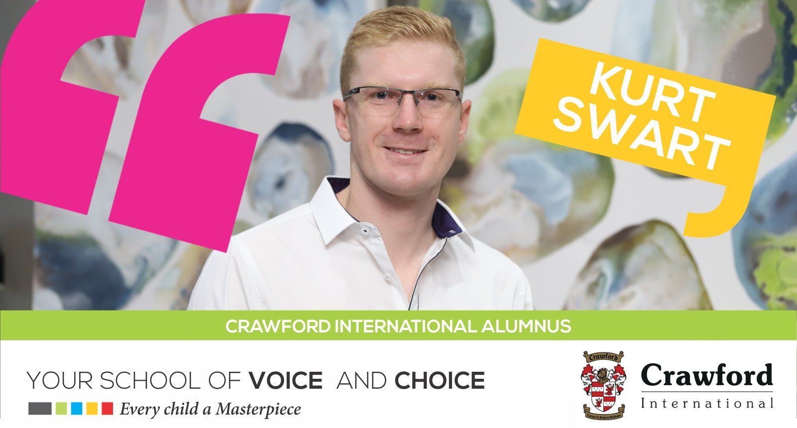 A man wearing glasses is on a crawford international alumni advertisement