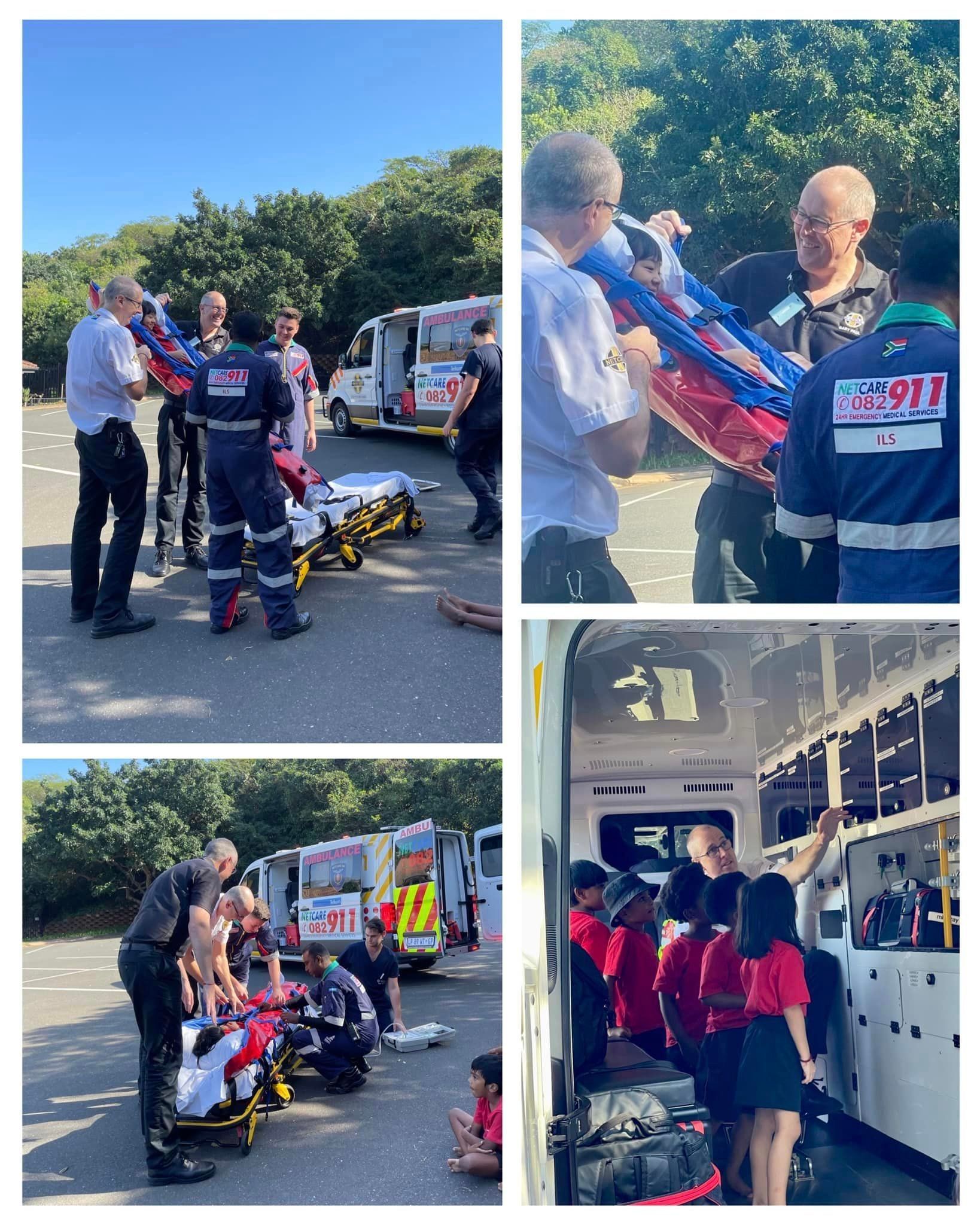A collage of photos shows a man carrying a person on a stretcher