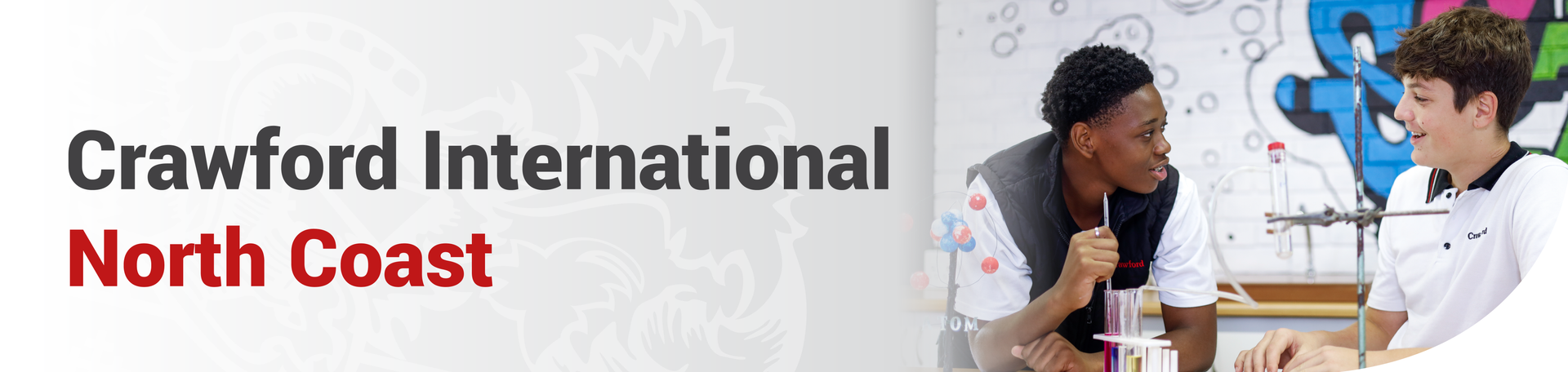 A banner for crawford international north coast with two children sitting next to each other.