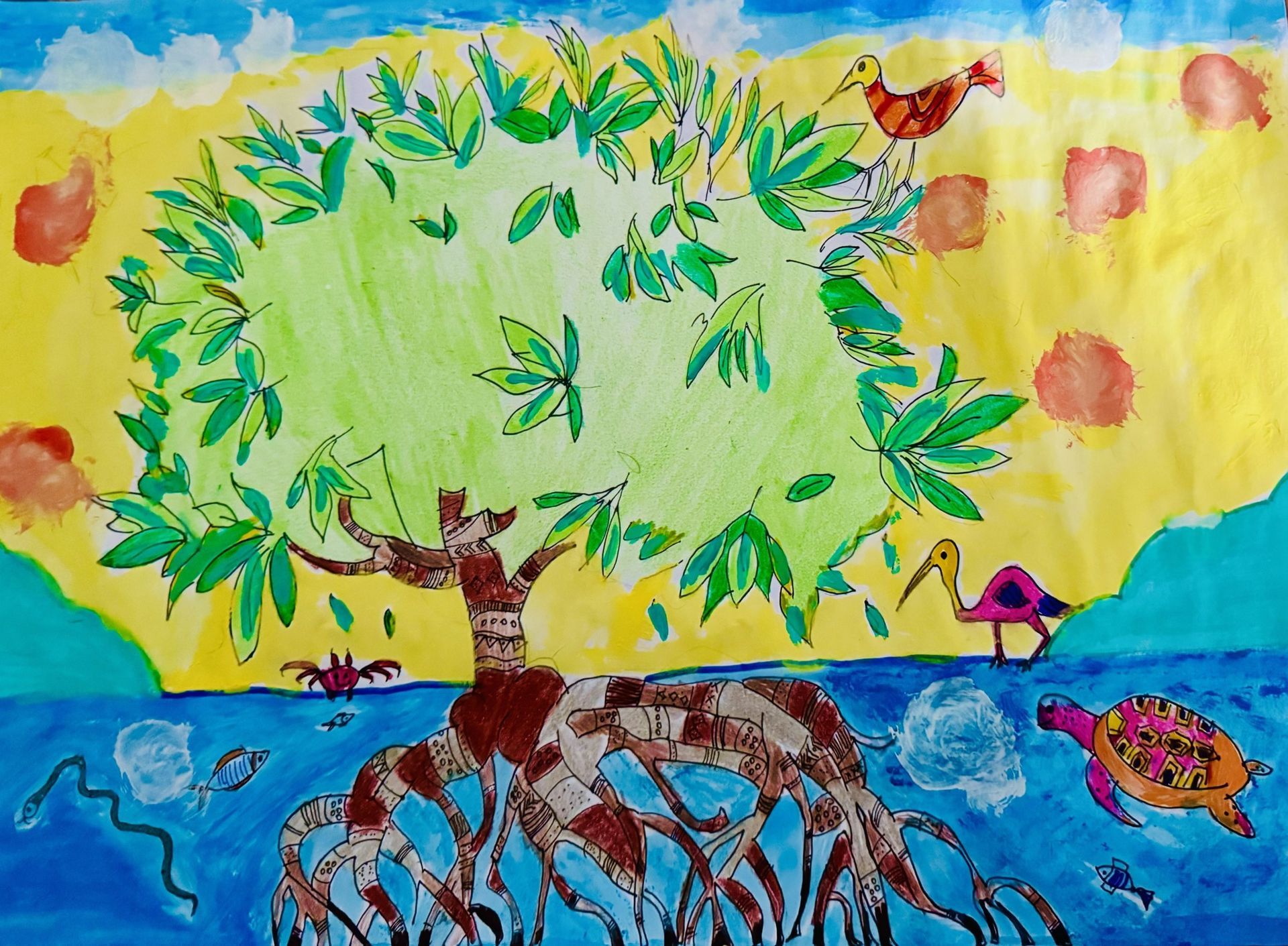 A child 's drawing of a tree with roots in the water