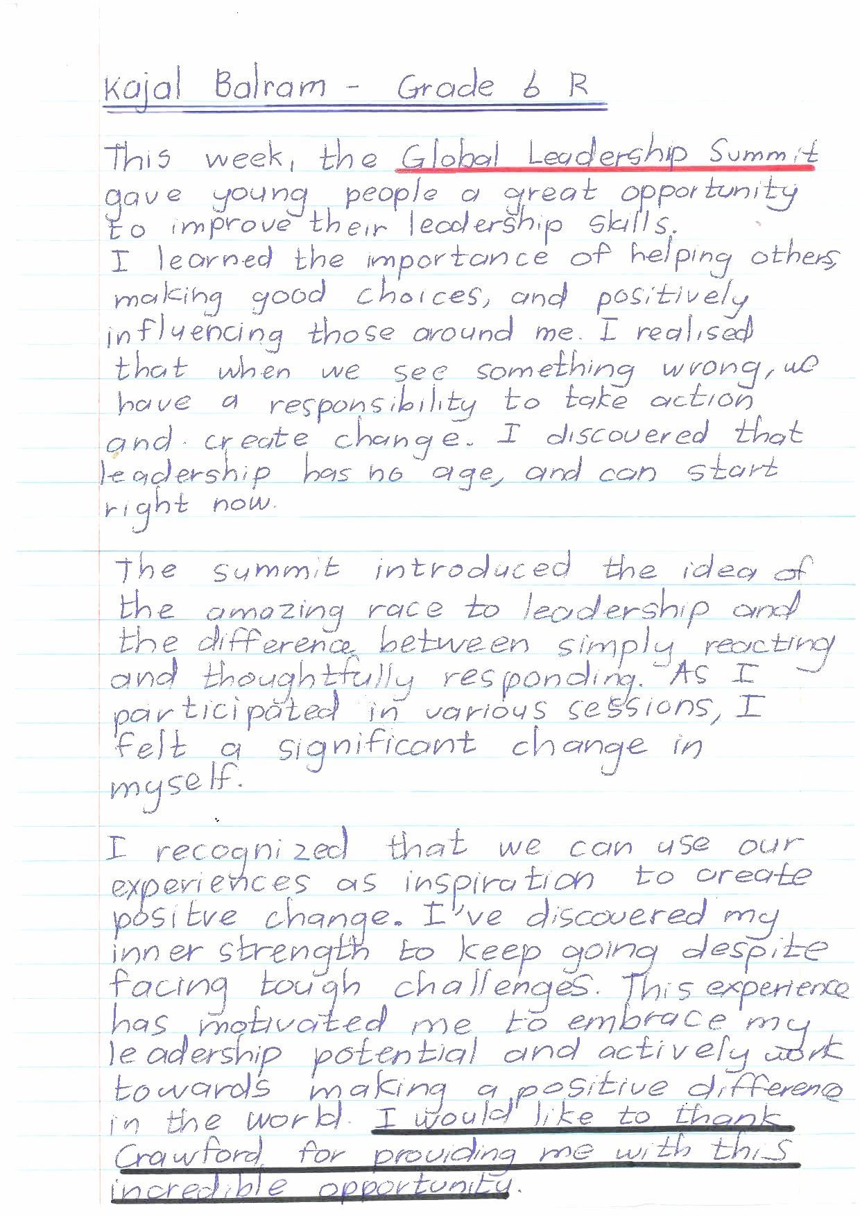 Handwritten essay by Kajal Balram about a Global Leadership Summit. Text is on lined paper.