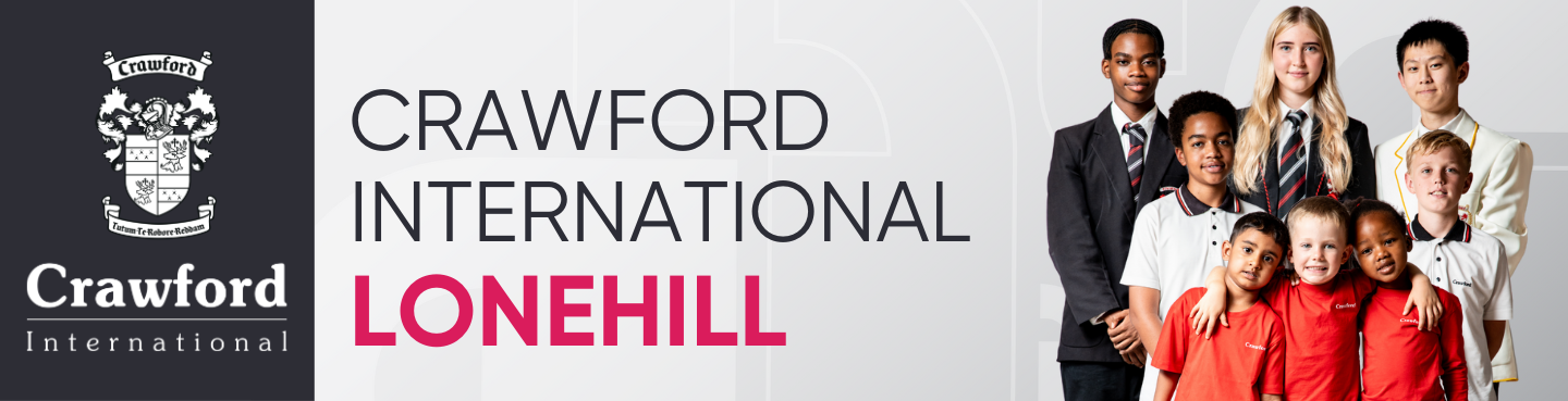 A woman is sitting in front of a sign that says crawford international lonehill