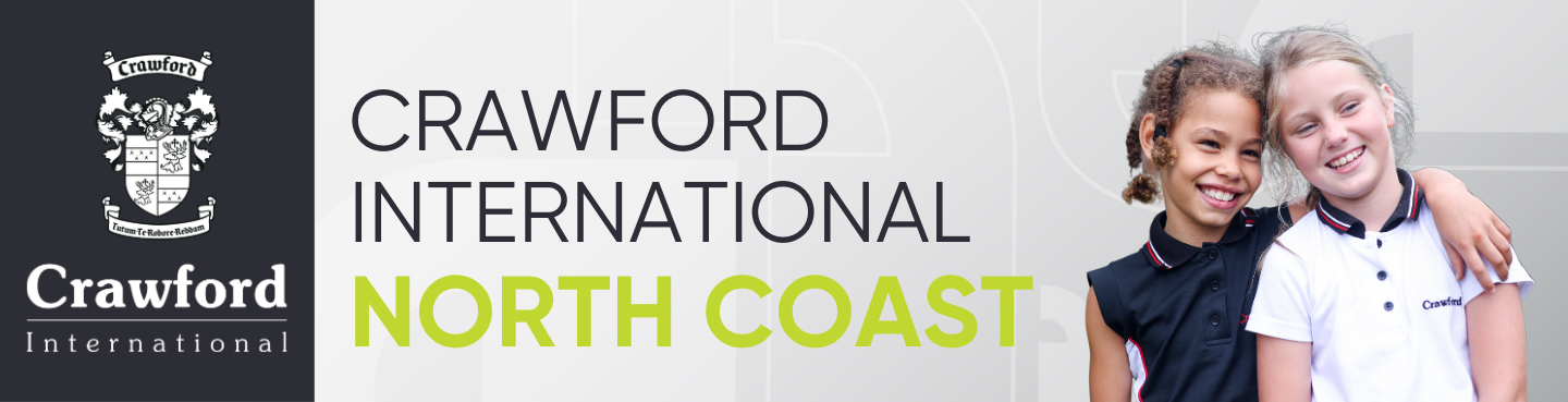 A banner for crawford international north coast with two children sitting next to each other.