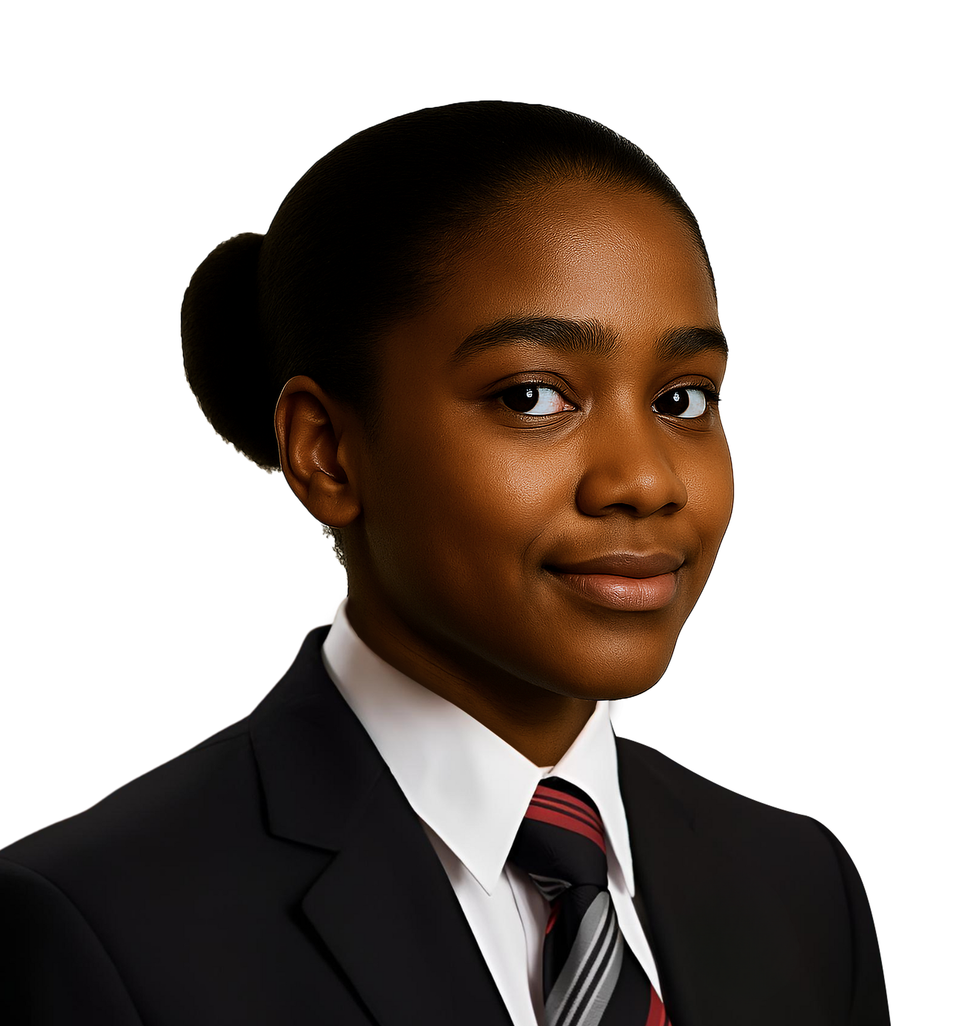 Person in a black suit and tie smiling, with hair tied back.