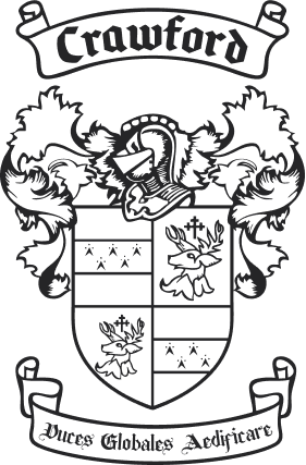 Crawford family crest with helmet, stag, and Latin motto.