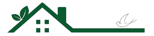 Logo verde di una casa con foglie sul tetto e l'illustrazione di un uccello.
