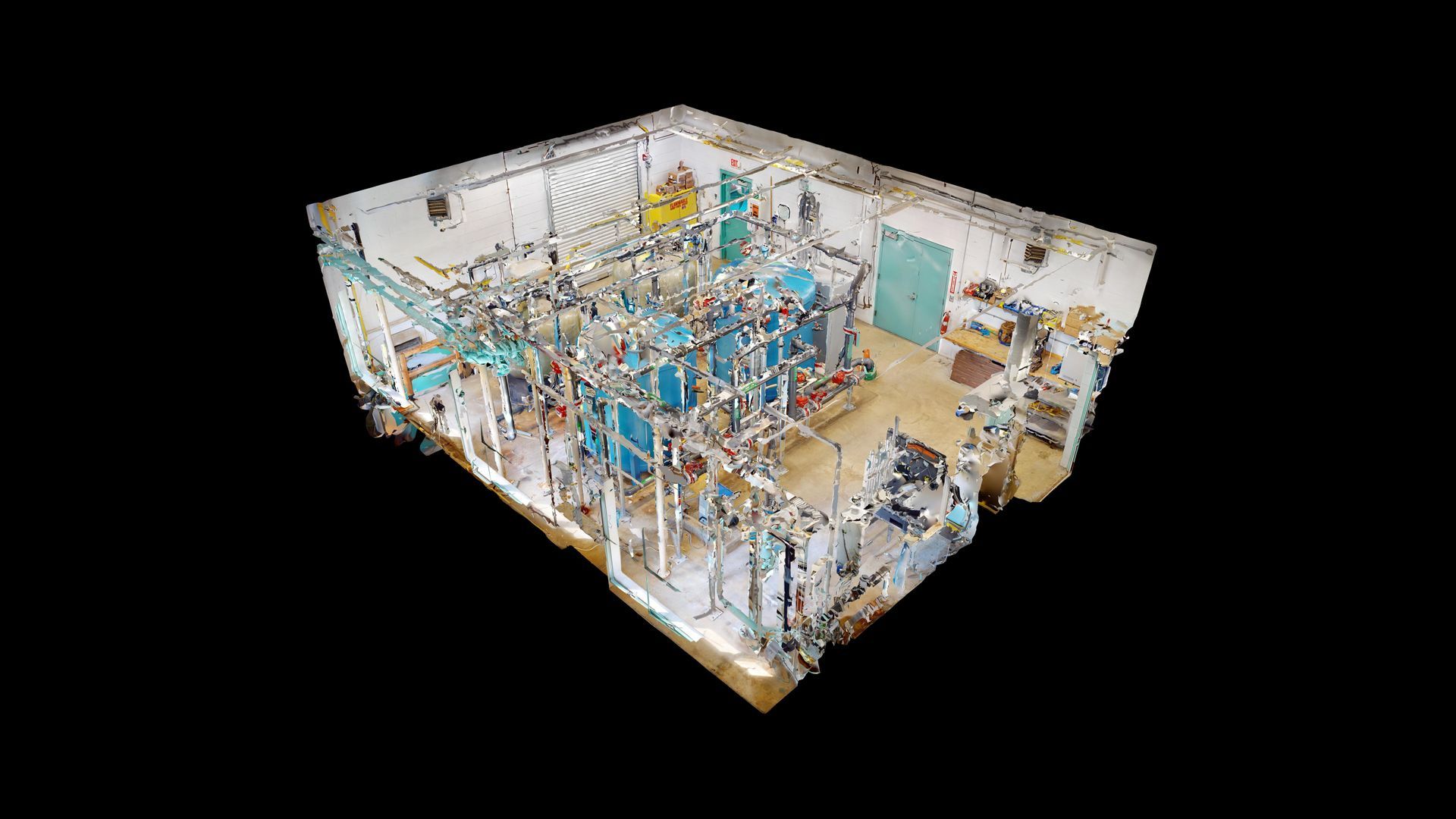 3D model rendering of a laboratory interior, showing equipment, pipes, and walls in a white and blue color scheme.