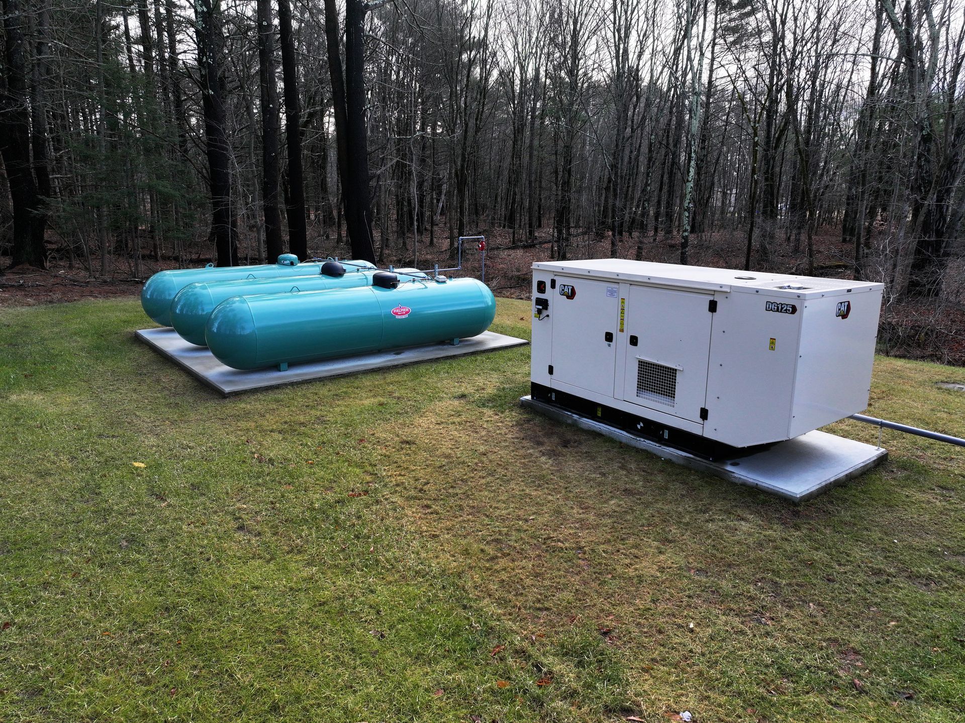 There are two propane tanks and a generator in the grass.