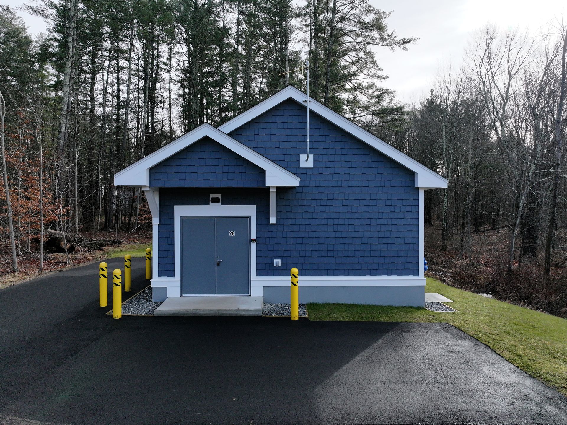A blue house with a white roof is surrounded by trees