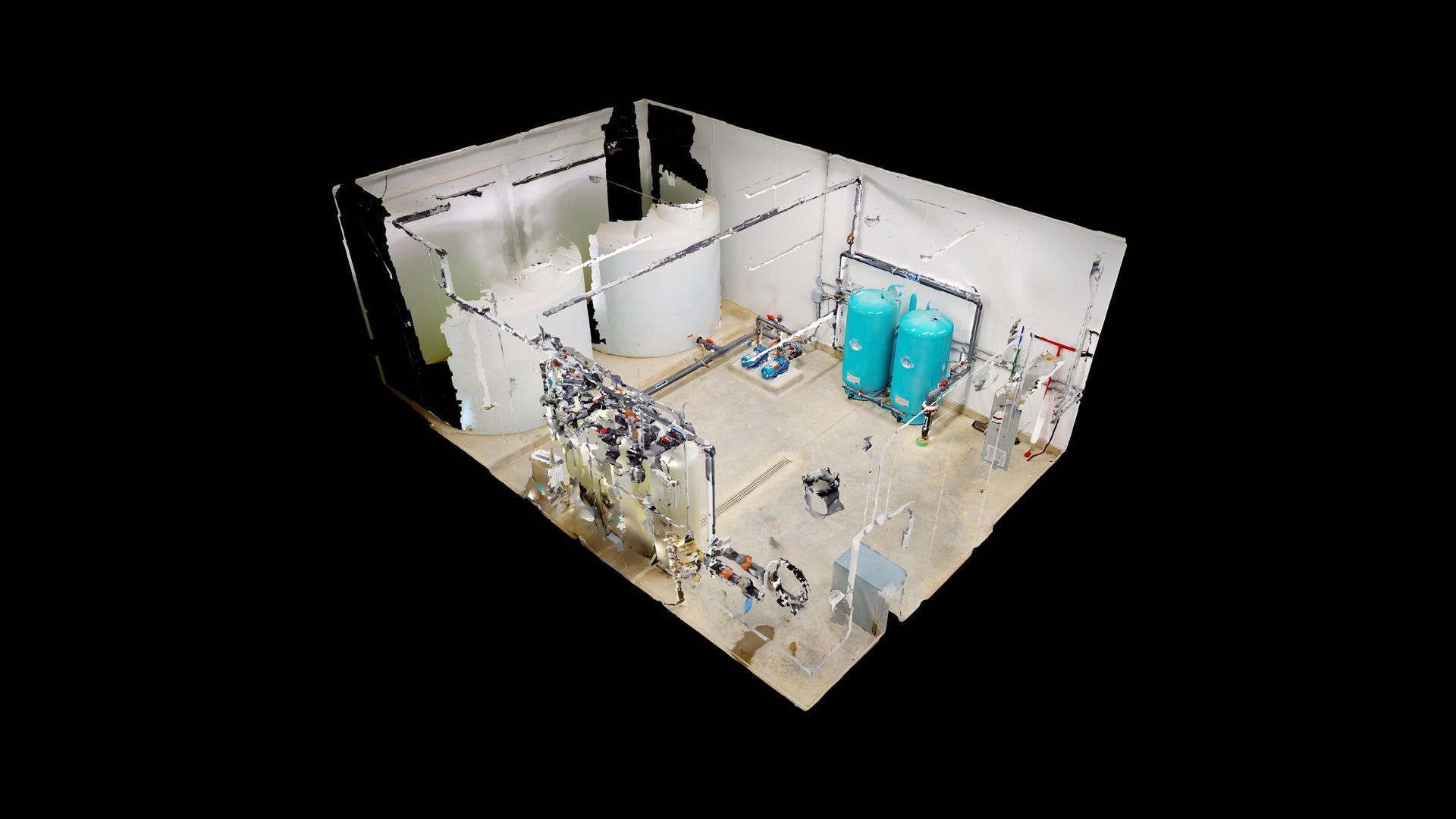3D rendering of a room with machinery, tanks, and piping, possibly an industrial or processing space.