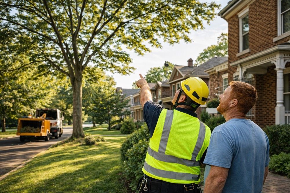 Arborist and homeowner admire tree trimming work in Allentown