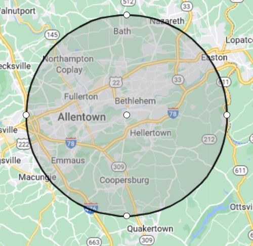 Tree Service Map: Allentown, Bethlehem, and surrounding areas.