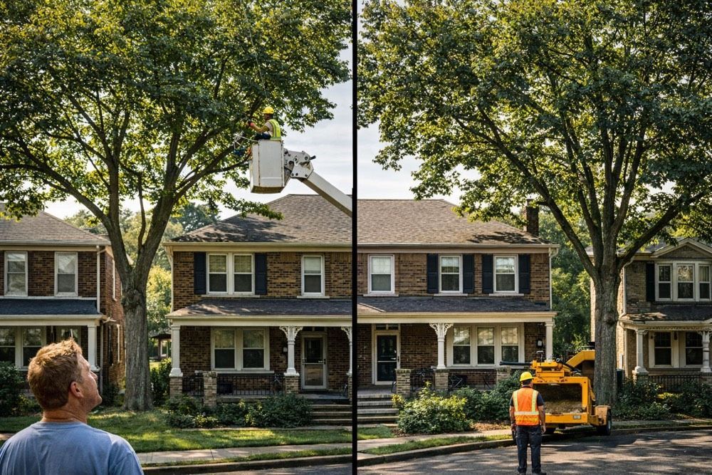 Crown reduction operation on a large, overgrown Norway maple in Bethlehem, PA.