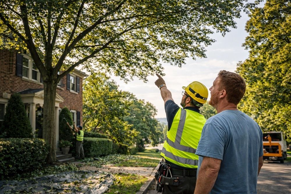 An arborist and homeowner discuss Tree trimming project in a Bethlehem, PA garden.