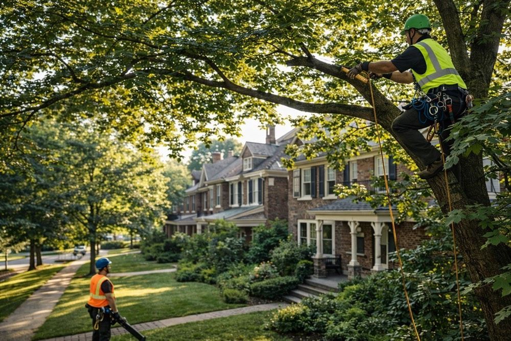 A professional tree trimmer trimming a tree at a historic home in Bethlehem, PA