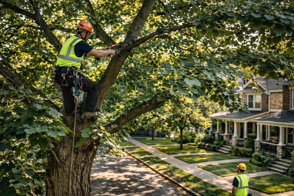 A professional tree trimmer in action in an Allentown, PA backyard.
