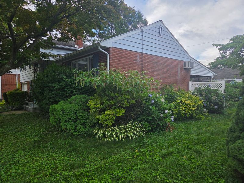 Overgrown foundation shrubs crowding the brick wall of a Lehigh Valley home before trimming