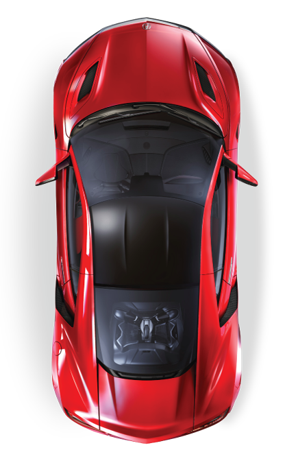 Top-down view of a red sports car with a black roof and tinted windshield