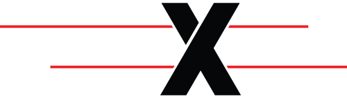 Black X logo centered on a white background with two thin red horizontal lines behind it