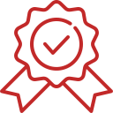 Red outlined award badge with a check mark and ribbon tails.