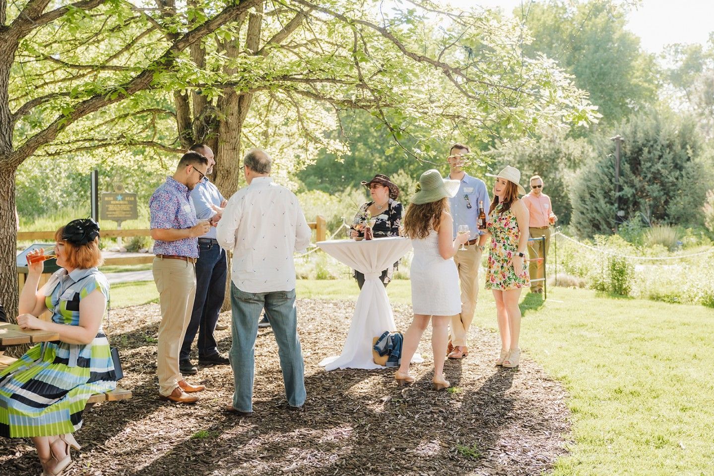 People gathered under a tree around a small table, outdoor summer event.