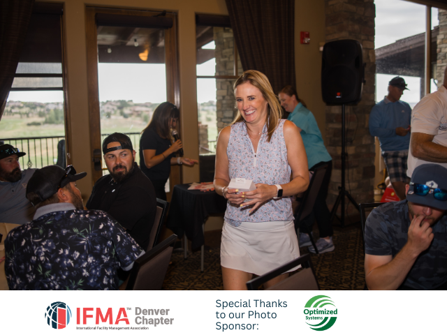Woman in golf attire smiles, holding paper. Group of people at a restaurant. Denver Chapter IFMA logo.