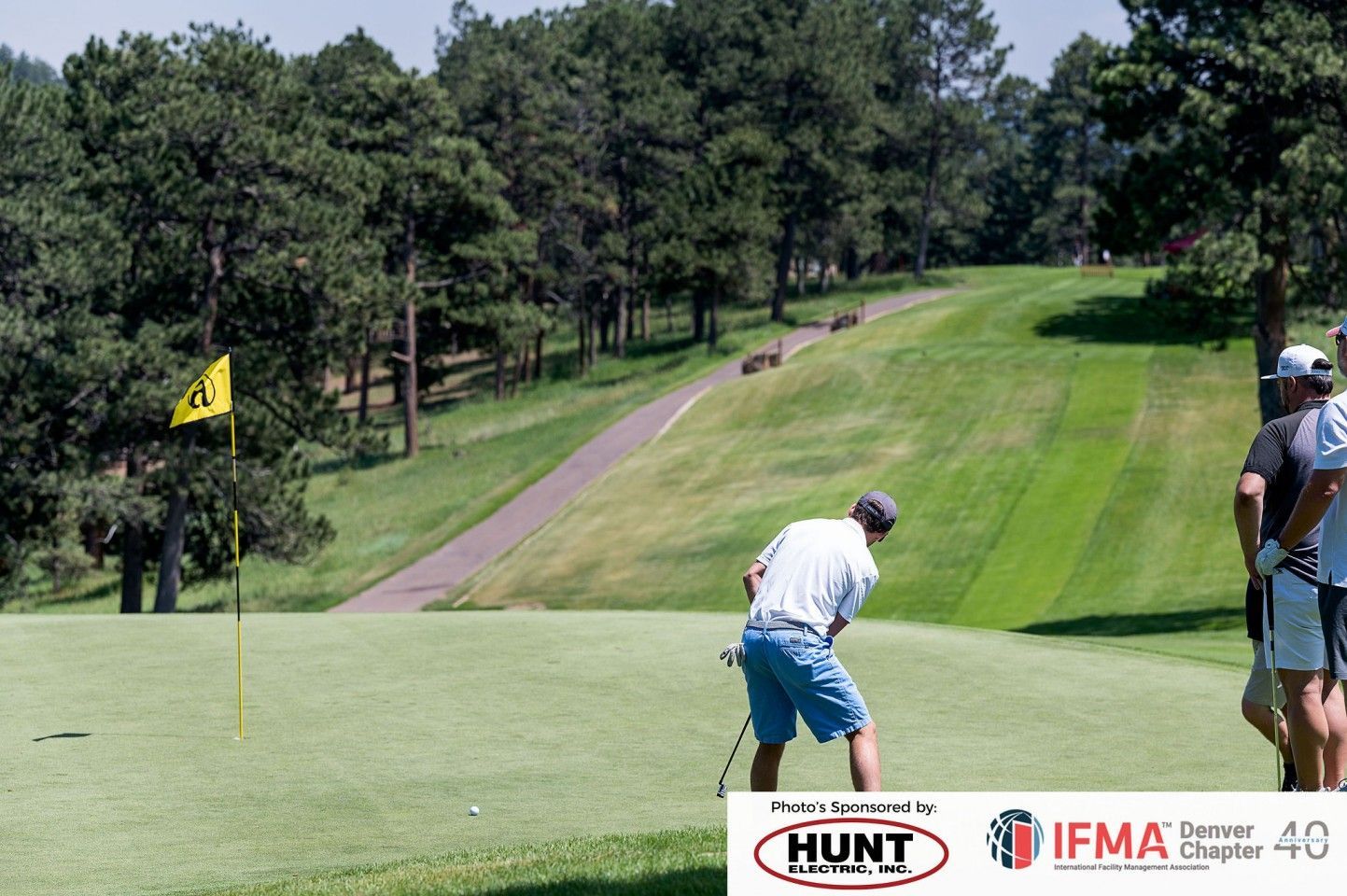 Golfer taking a shot on a green, with flag. Golf course setting, sunny day, trees in background.