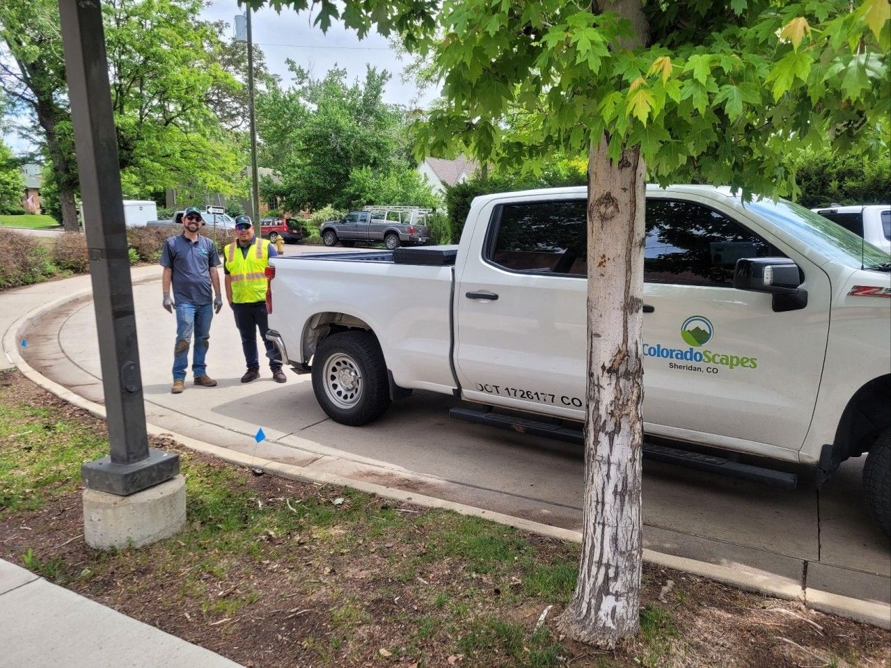Two men stand near a white pickup truck. One wears a reflective vest. Landscaping setting.