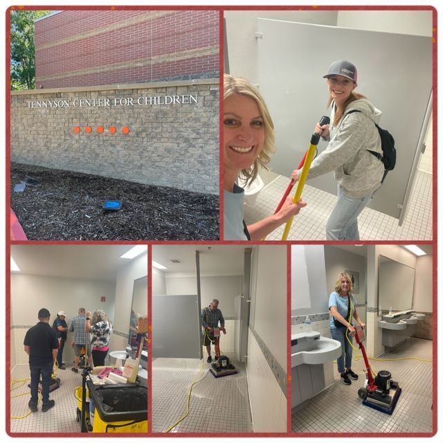 Volunteers cleaning a building's restrooms.