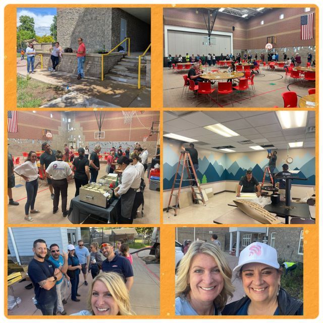 Volunteers renovating a building: exterior brickwork, indoor gym with tables, and people painting walls.