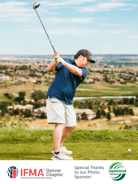 Man swings a golf club on a green, blue sky, houses in the background. IFMA Denver logo.