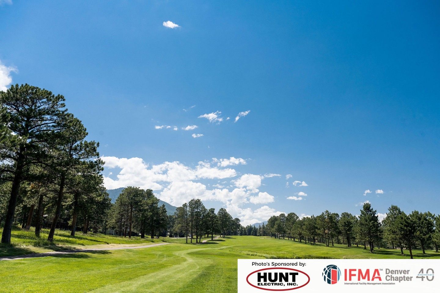 Green golf course under a bright blue sky with trees.