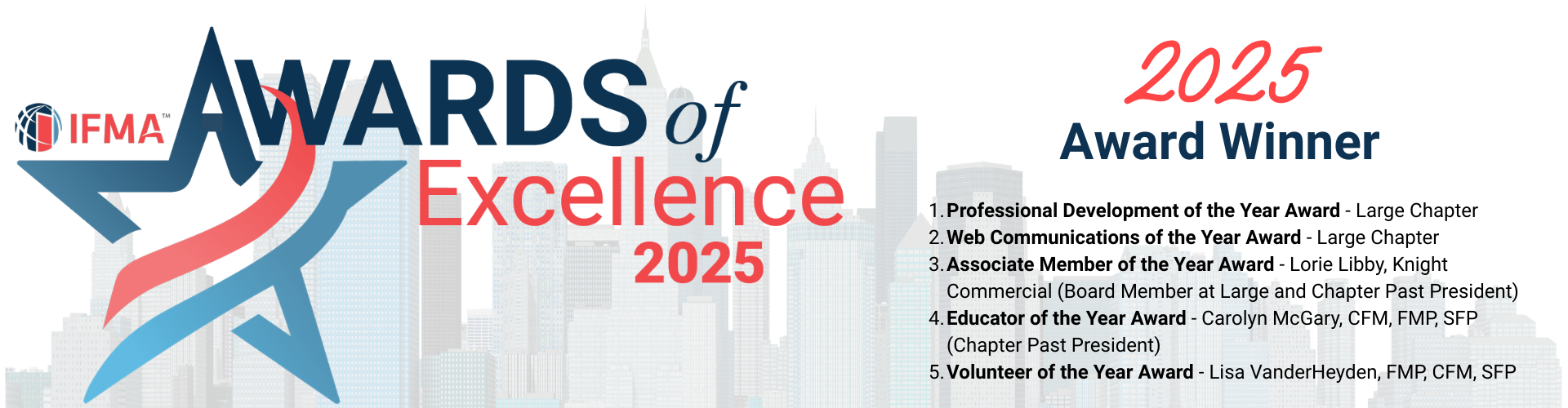 Awards of Excellence 2025 winner graphic with a star, the skyline, and text describing the award.