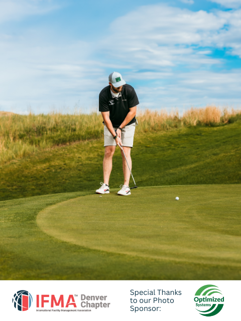 Golfer putting on green, wearing shorts and a hat, under a cloudy sky.