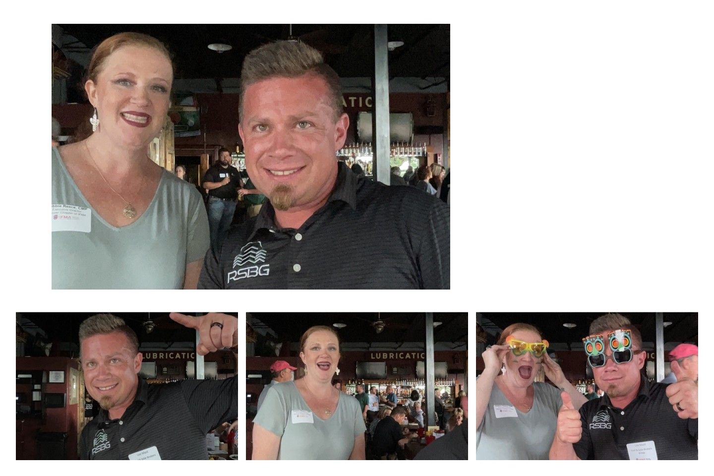 Group of people in a bar: two smiling; man points; woman singing; man with glasses and thumbs up.