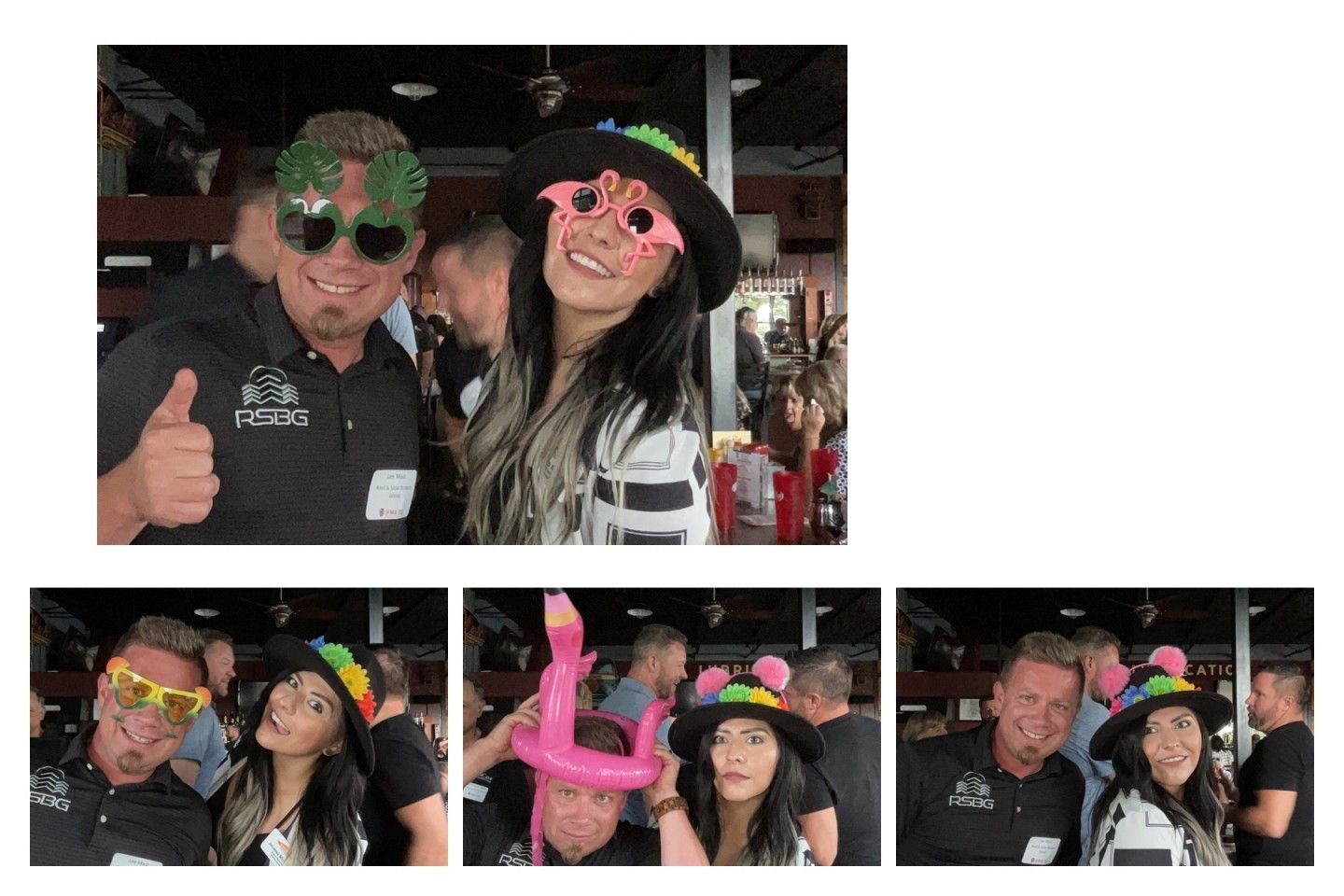 People wearing fun glasses and hats at a social gathering. They are smiling and posing for photos.