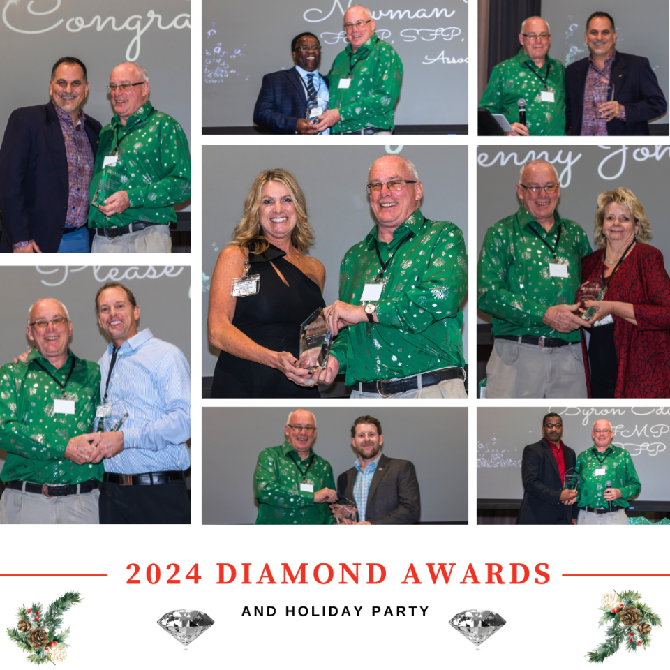 Collection of photos from the 2024 Diamond Awards and Holiday Party, featuring award recipients in a green sweater.