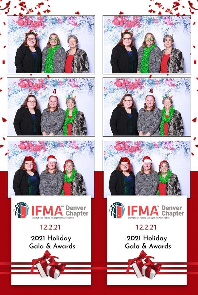 Photo booth strips from IFMA Denver Chapter Holiday Gala: three women posing in front of a festive backdrop.