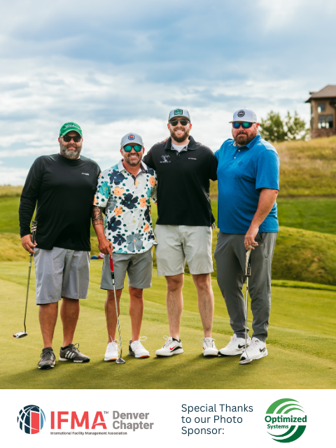 Four men in golf attire on a green, smiling. Cloudy sky and golf course in the background. IFMA Denver logo.