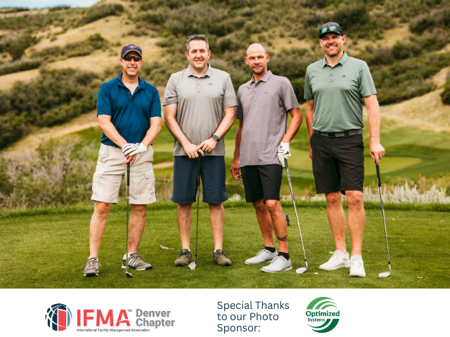 Four men on a golf course holding clubs, smiling. IFMA Denver logo in bottom left corner.