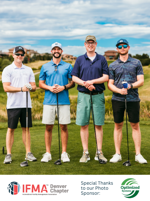 Four men in golf attire on a golf course holding clubs, smiling. IFMA Denver logo at bottom.