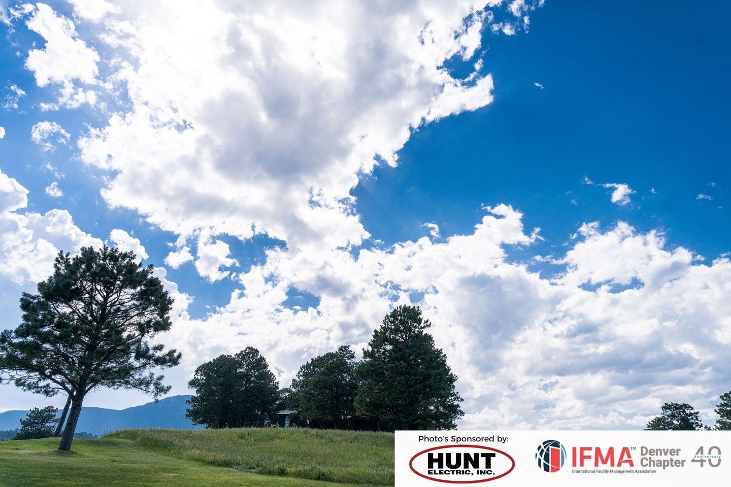 Blue sky with white clouds, green grass, and trees; 
