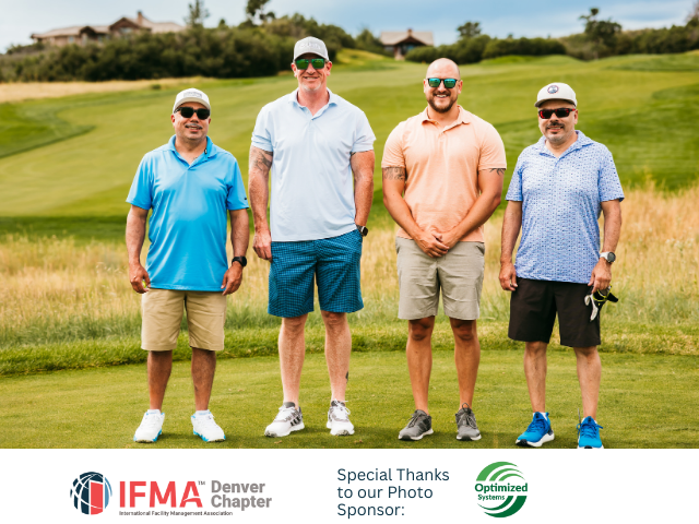 Four men in golf attire pose on a course; grass and trees in background; Denver Chapter logo at bottom.