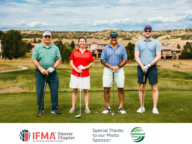 Four golfers pose on a green. Mountain landscape in the background. Sponsored by IFMA Denver Chapter.