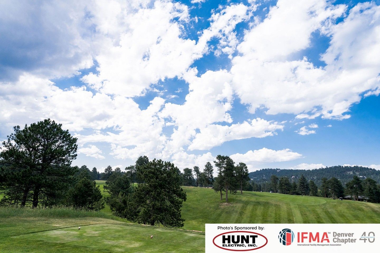 Rolling green hills with trees under a blue sky dotted with white clouds.